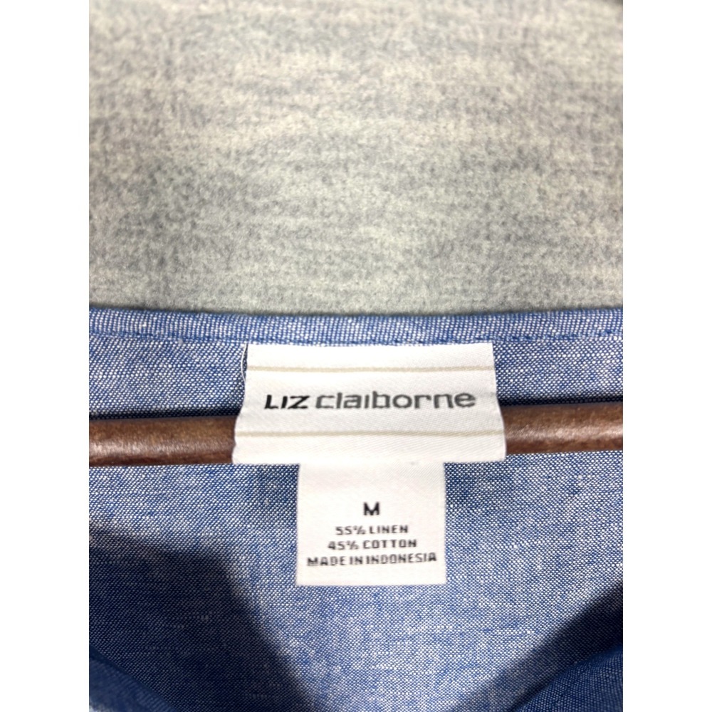 Liz Claiborne Top M Blue Linen Blend Henley Blouse 3/4 Tie Sleeve Casual - Picture 2 of 5